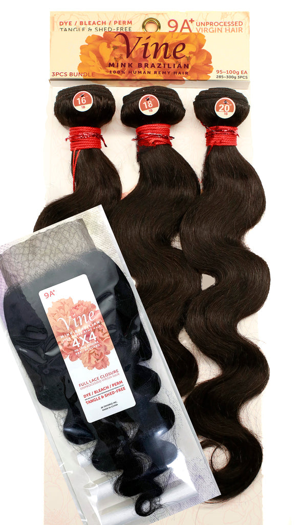 Vine Mink Brazilian 100% Human Remy Hair - 3pc Bundle with 4x4 Closure Included 300g